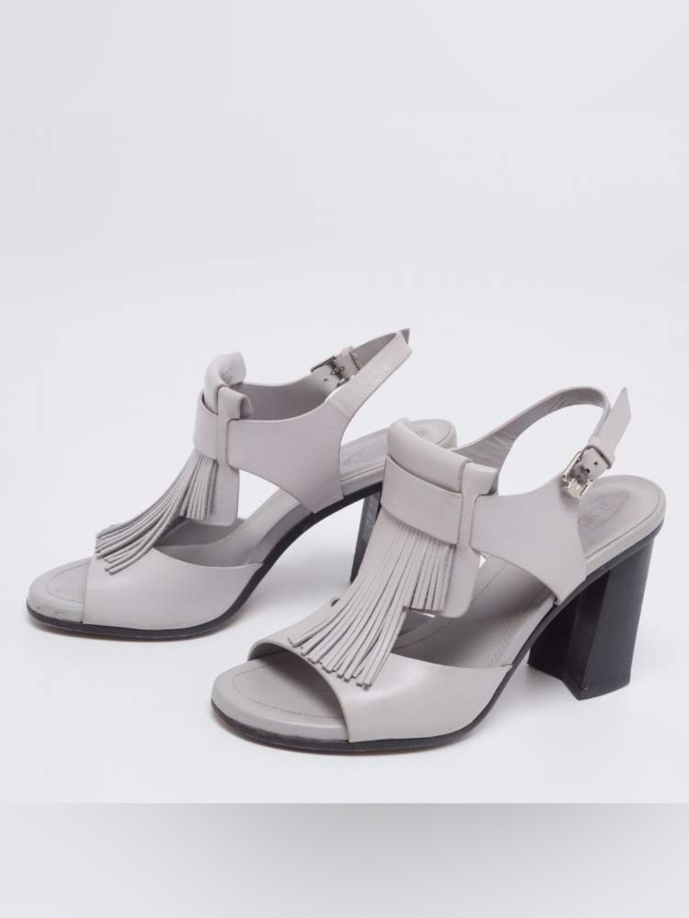 Tod's Light Gray Fringe Slingback Block Heels